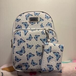 Madden Girl Blue Butterfly print mini backpack with matching wallet NWT
